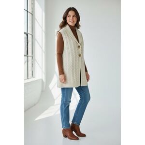 VTG Eddie Bauer Sweater Vest Long Wool Cable Knit Cream Ivory Fisherman Medium